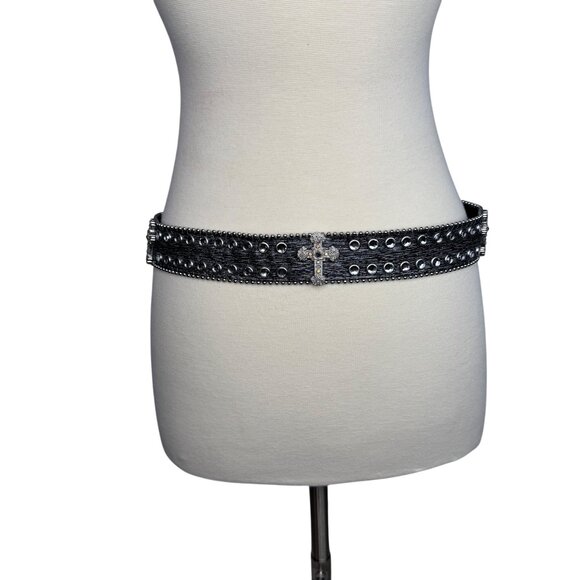 VTG Black Leather Belt Rhinestone Buckle and Crosses Witchy Goth Vampire Diaries - Picture 5 of 11